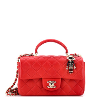 Chanel Classic Single Flap Top Handle Bag Quilted Lambskin with Lion Charm Mini