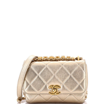 Chanel Crystal Logo Letters Chain Handle Flap Bag Quilted Lambskin Mini