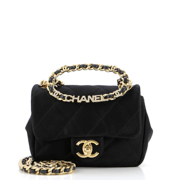 Chanel Oval Logo Chain Handle Flap Bag Quilted Satin with Crystals Mini
