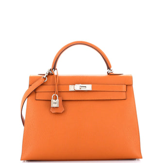 Hermes Kelly Handbag Orange Chevre de Coromandel with Palladium Hardware 32