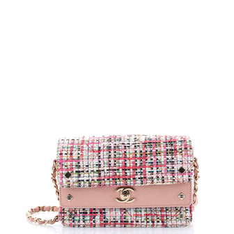Chanel CC Stud Double Flap Bag Quilted Tweed with Leather Small