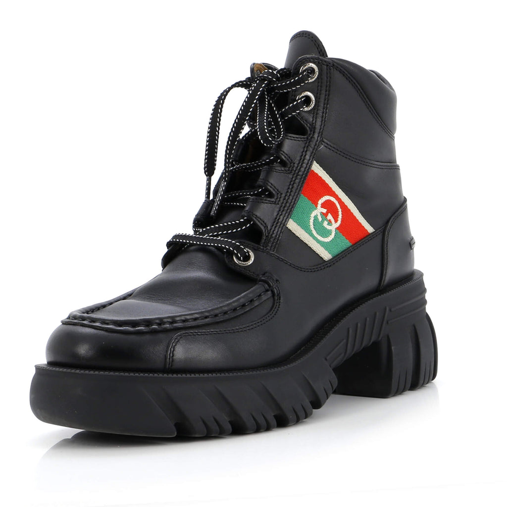 Gucci Women's Quebec Web Lace Up Combat Boots Leather Black 3083981