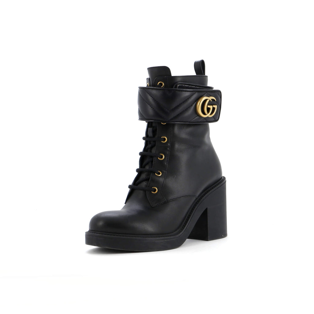 GUCCIブーツ Gucci Women's GG Marmont Heeled Lace-Up Ankle Boots Leather Black
