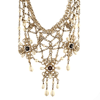 Chanel CC Flower Drop Chain Bib Necklace Faux Pearls and Metal