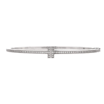 Tiffany & Co. T Hinged Wire Bangle Bracelet 18K White Gold with Diamonds