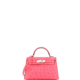 Hermes Kelly Mini II Bag Pink Ostrich with Palladium Hardware 20