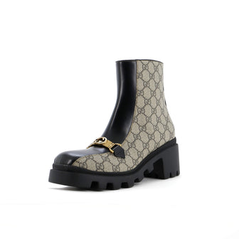 Gucci Women's Interlocking G Lug Sole Ankle Boots GG Coated Canvas with Leather