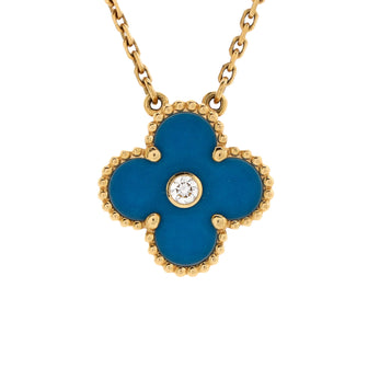 Van Cleef & Arpels Vintage Alhambra Pendant Necklace 18K Yellow Gold and Blue Sevres Porcelain with Diamond