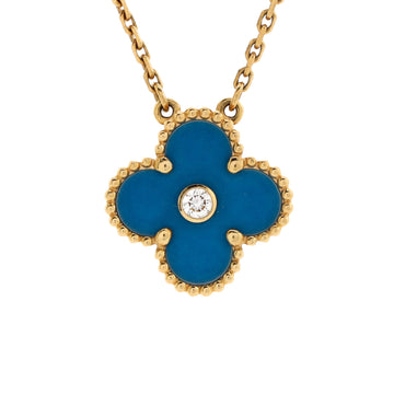 Van Cleef & Arpels Vintage Alhambra Pendant Necklace 18K Yellow Gold and Blue Sevres Porcelain with Diamond