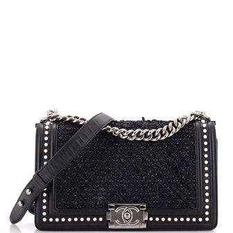 Chanel Boy Flap Bag Quilted Tweed with Pearl Embellished Calfskin Old Medium