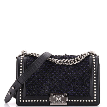 Chanel Boy Flap Bag Quilted Tweed with Pearl Embellished Calfskin Old Medium