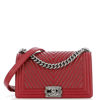 Chanel Boy Flap Bag Chevron Calfskin with Micro Chain Detail Old Medium