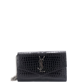 Saint Laurent Uptown Chain Wallet Crocodile Embossed Leather
