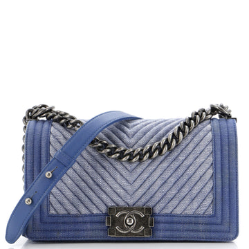 Chanel Boy Flap Bag Chevron Denim Old Medium