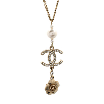 Chanel CC Flower Chain Drop Pendant Necklace Metal with Faux Pearls and Crystals