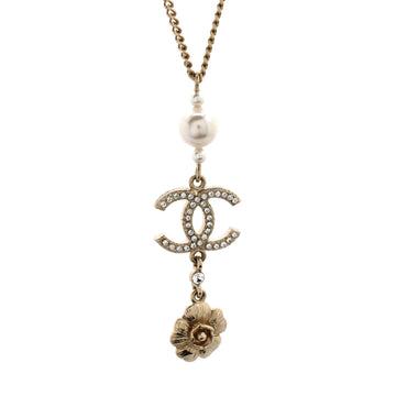Chanel CC Flower Chain Drop Pendant Necklace Metal with Faux Pearls and Crystals