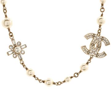 Chanel CC Cross Station Necklace Metal with Crystals and Faux Pearls