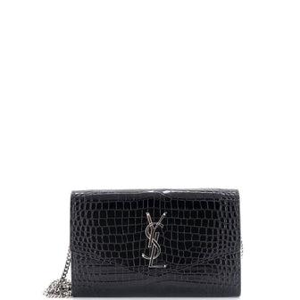 Saint Laurent Classic Monogram Wallet on Chain Crocodile Embossed Leather