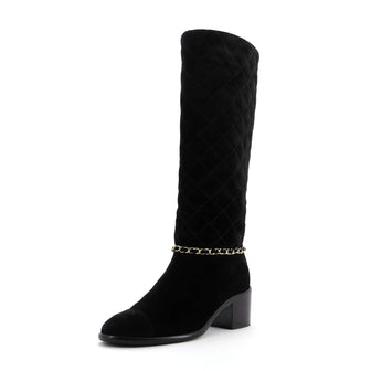 Chanel Women's Chain Detail CC Cap Toe Knee High Boots Quilted Suede
