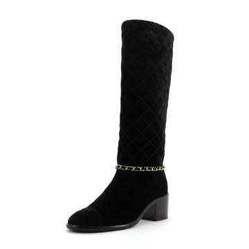 Chanel Women's Chain Detail CC Cap Toe Knee High Boots Quilted Suede