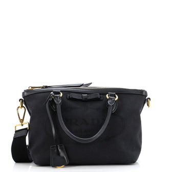 Prada Logo Convertible Zip Tote Canvas with Leather Small