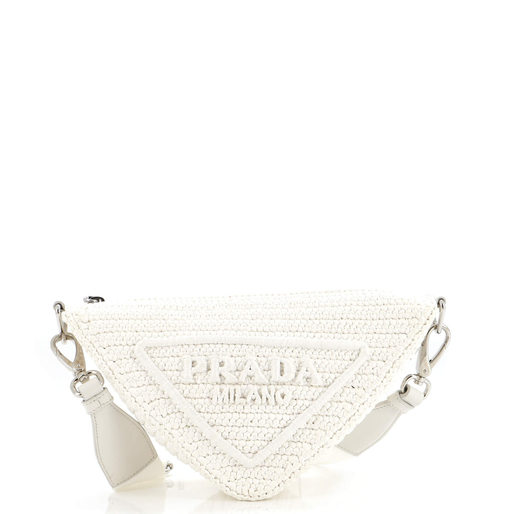 Prada Triangle Logo Zip Crossbody Bag Crochet Raffia Small White