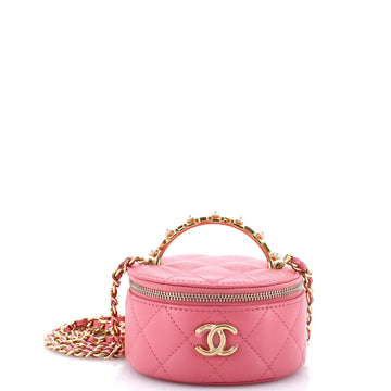 Chanel Pearl Logo Top Handle Round Vanity Case with Chain Quilted Lambskin Mini