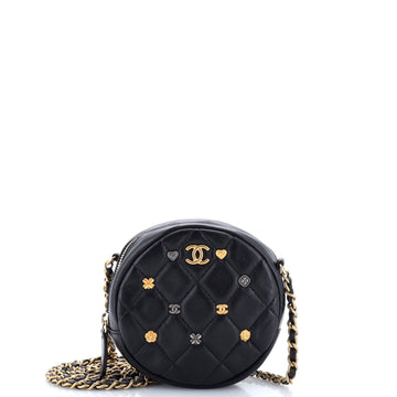 Chanel 18K Charms Round Clutch With Chain Quilted Lambskin Mini