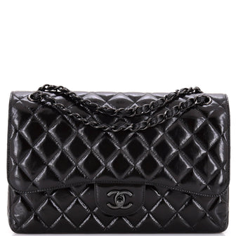 Chanel So Black Classic Double Flap Bag Quilted Shiny Crumpled Calfskin Jumbo