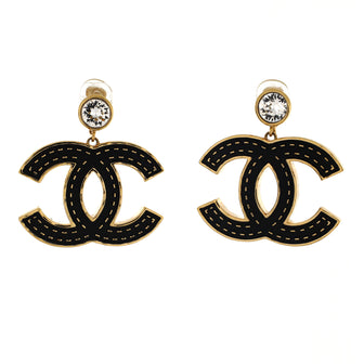 Chanel CC Drop Clip-On Earrings Metal with Crystals and Leather