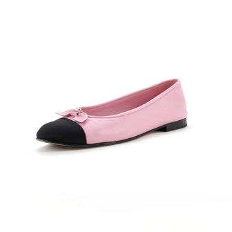 Chanel Women's CC Cap Toe Bow Ballerina Flats Leather with Grosgrain and Faux Pearls