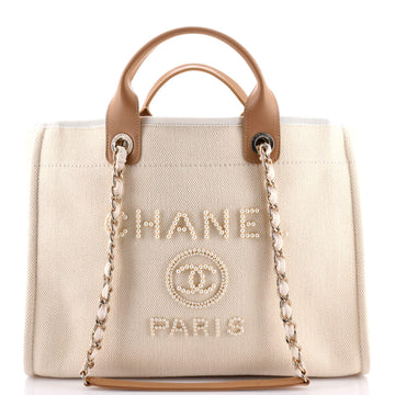 Chanel Deauville Tote Pearl Embellished Canvas Medium