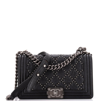 Chanel Boy Flap Bag Studded Quilted Distressed Calfskin Old Medium