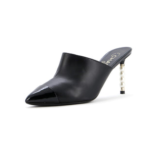Chanel Women's Pointed Toe Heeled Mules Leather with Faux Pearls