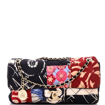 Chanel Classic Single Flap Bag Quilted Patchwork Printed Jersey Medium