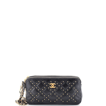 Chanel Double Zip Clutch with Chain Studded Quilted Leather
