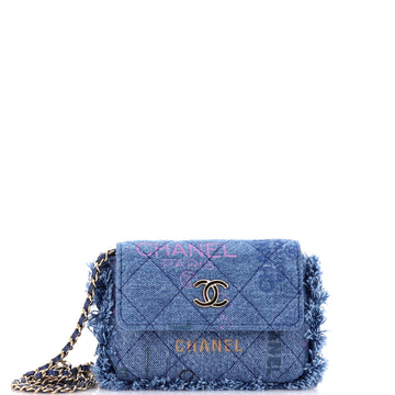 Chanel Denim Mood Flap Clutch with Chain Logo Printed Quilted Fringe Denim