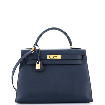 Hermes Kelly Handbag Blue Courchevel with Gold Hardware 32
