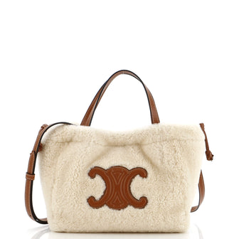 Celine Cuir Triomphe Cabas Drawstring Tote Shearling with Leather Small