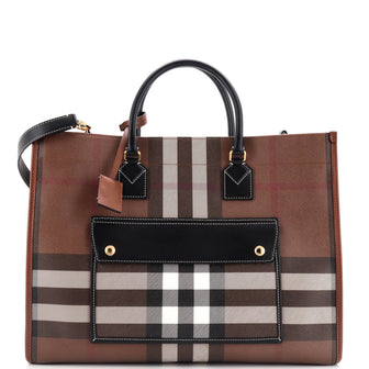 Burberry Freya Shopping Tote Check Canvas with Leather Medium