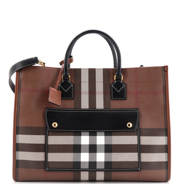 Burberry Freya Shopping Tote Check Canvas with Leather Medium