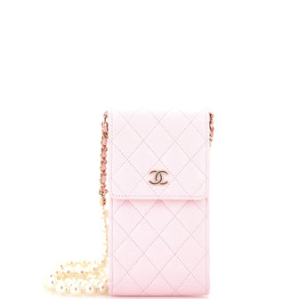 Chanel Pearl Strap Phone Holder Crossbody Bag Quilted Lambskin