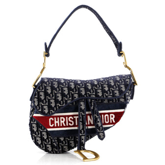Christian Dior Saddle Handbag Logo Embroidered Oblique Velvet Medium
