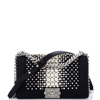 Chanel Boy Flap Bag Pearl Embellished Satin Old Medium