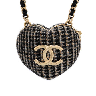 Chanel CC Heart Locket Pendant Necklace Metal with Tweed, Leather, and Resin
