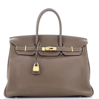 Hermes Birkin Handbag Grey Clemence with Gold Hardware 35