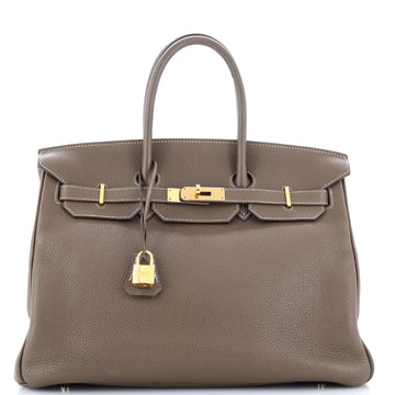 Hermes Birkin Handbag Grey Clemence with Gold Hardware 35