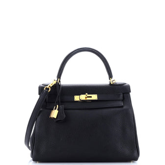 Hermes Kelly Handbag Black Clemence with Gold Hardware 28