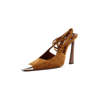 Saint Laurent Women's Blade Square Cap Toe Ankle Wrap Pumps Suede with Metal 105