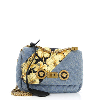 Versace Medusa Padlock Icon Flap Bag Quilted Printed Denim Small